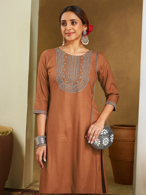 Janasya Women's Brown Rayon Embroidered Straight Kurta